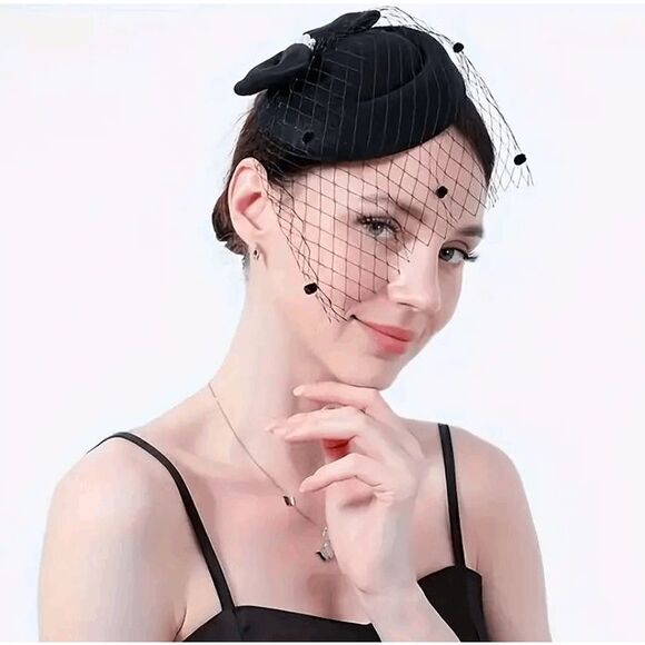🖤 Pinup Accessory 1950s Retro Vintage Fascinator Black Pillbox Pearl Veil Hat - Picture 1 of 13